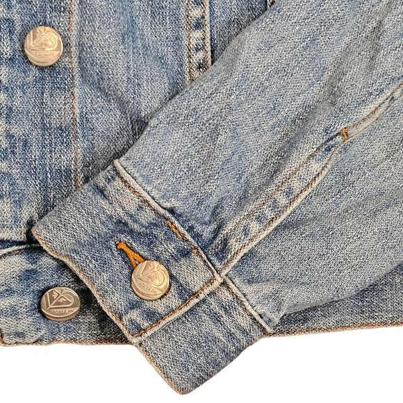 Y2K Roxy XS Blue Denim Jean‎ Trucker Jacket Medium Wash Classic Short Cotton - Picture 6 of 9